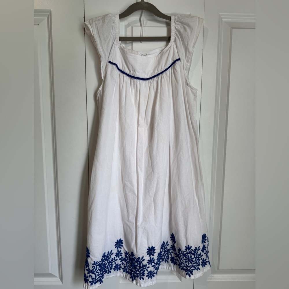 Cherokee 100% Cotton White Dress with Blue Floral Embroidery Girls XL (14/16)